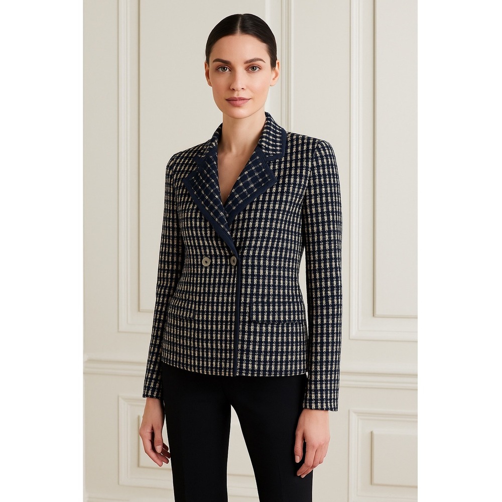 Carlisle New York Blazer Women 6 Blue Tan Tweed Double Breasted Preppy Mature